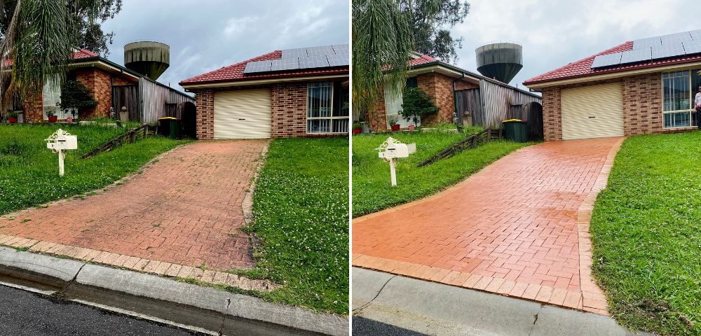 Before and after pressure washing: Paver driveway, Brandon