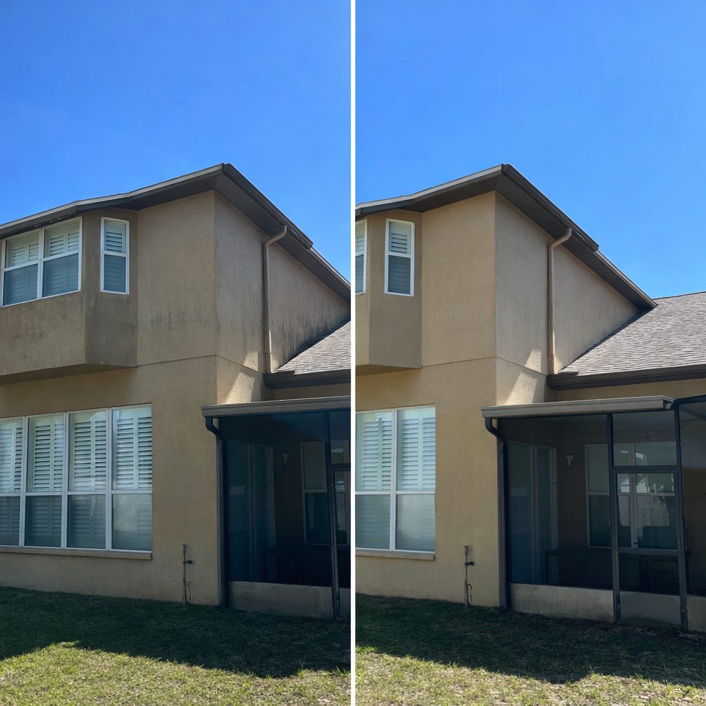 Before and after pressure washing: Two-story home exterior